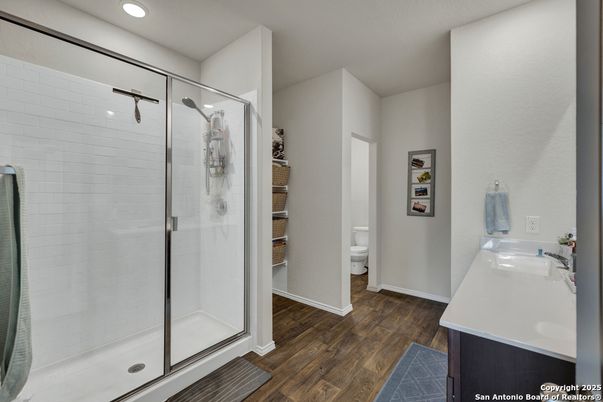 Bathroom, Glass Shower, Interior, Recessed Lighting, Wood Texture Flooring