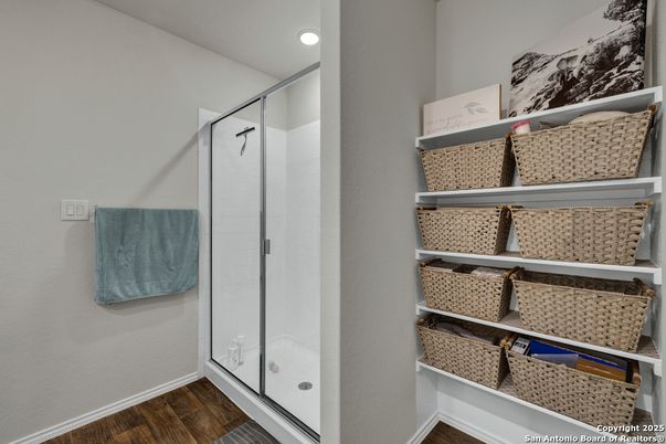 Bathroom, Glass Shower, Interior, Recessed Lighting, Wood Texture Flooring