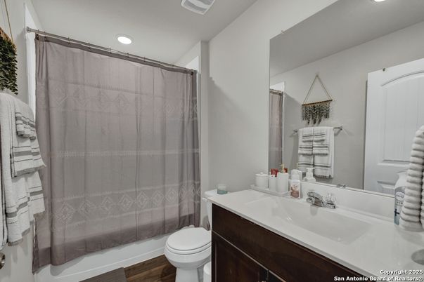 Bathroom, Glass Shower, Interior, Recessed Lighting, Wood Texture Flooring