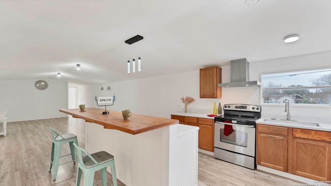 Interior, Kitchen, Pendant Lights, Stainless Steel Appliances, Wood Texture Flooring
