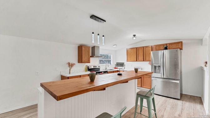 Interior, Kitchen, Pendant Lights, Stainless Steel Appliances, Wood Texture Flooring