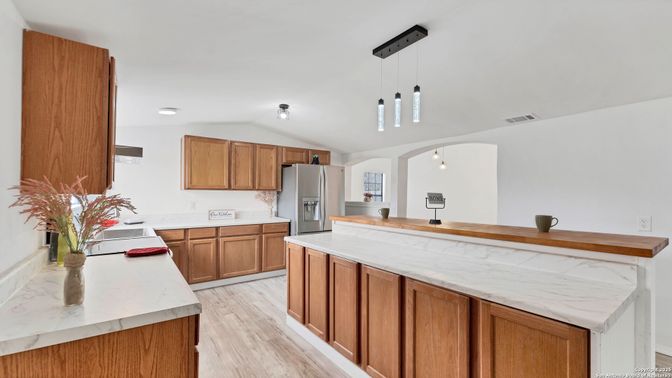 Interior, Kitchen, Pendant Lights, Recessed Lighting, Wood Texture Flooring