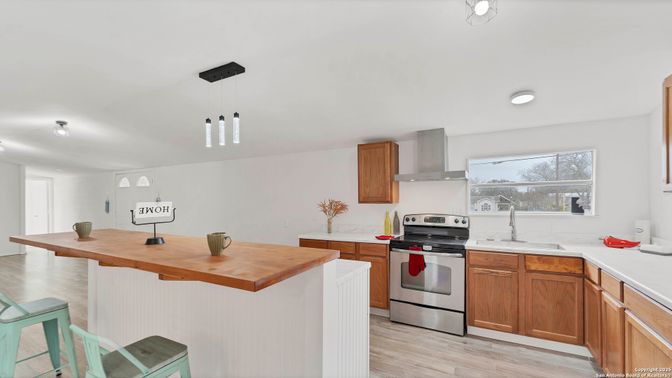 Interior, Kitchen, Pendant Lights, Stainless Steel Appliances, Wood Texture Flooring