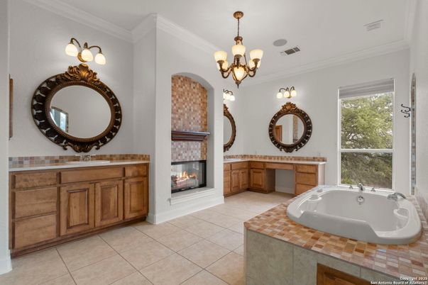 Bathroom, Chandelier, Fireplace, Interior