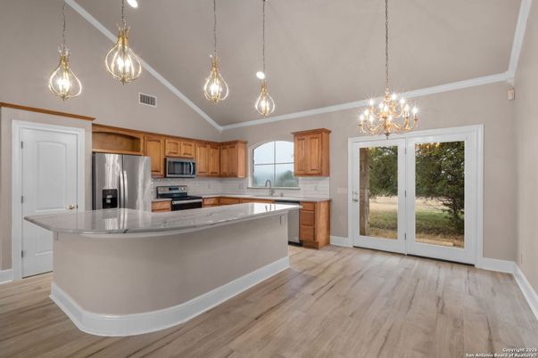 Interior, Kitchen, Pendant Lights, Recessed Lighting, Stainless Steel Appliances, Wood Texture Flooring