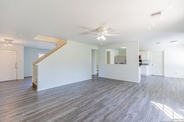 Empty room, Interior, Kitchen, Recessed Lighting, Wood Texture Flooring