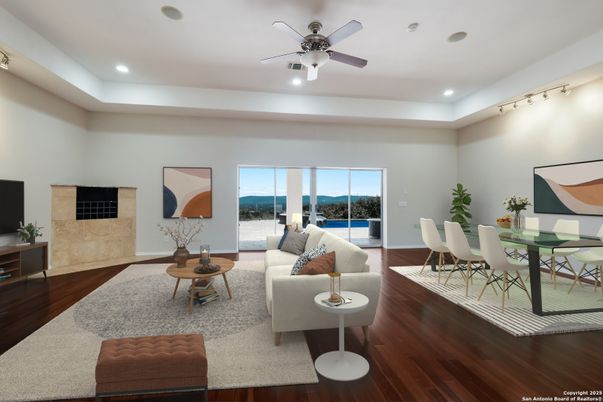 Dining room, Interior, Living room, Recessed Lighting, Wood Texture Flooring