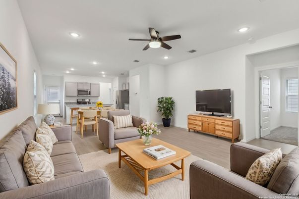 Dining room, Interior, Kitchen, Living room, Recessed Lighting, Stainless Steel Appliances, Wood Texture Flooring