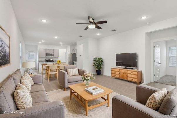 Dining room, Interior, Kitchen, Living room, Recessed Lighting, Stainless Steel Appliances, Wood Texture Flooring