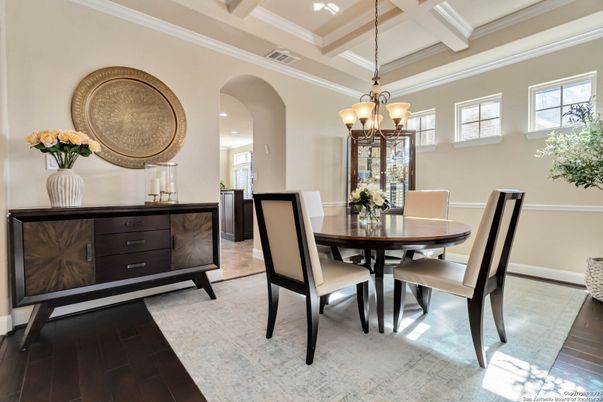 Chandelier, Dining room, Interior, Recessed Lighting, Wood Texture Flooring