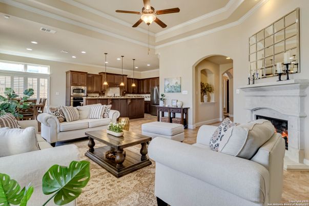 Fireplace, Interior, Kitchen, Living room, Pendant Lights, Recessed Lighting, Stainless Steel Appliances
