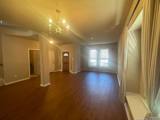 Chandelier, Empty room, Interior, Recessed Lighting, Wood Texture Flooring