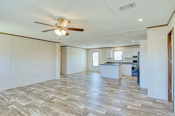 Empty room, Interior, Kitchen, Recessed Lighting, Wood Texture Flooring
