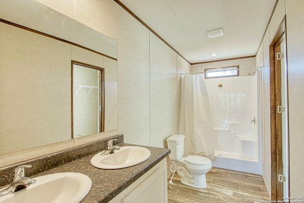 Bathroom, Dual Sink Vanities, Interior, Recessed Lighting, Wood Texture Flooring
