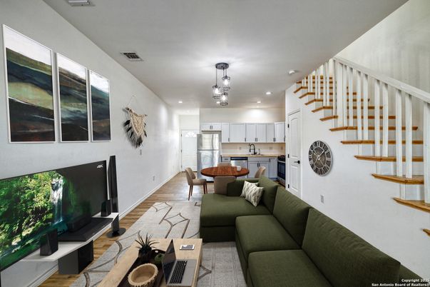 Dining room, Interior, Kitchen, Living room, Pendant Lights, Recessed Lighting, Wood Texture Flooring