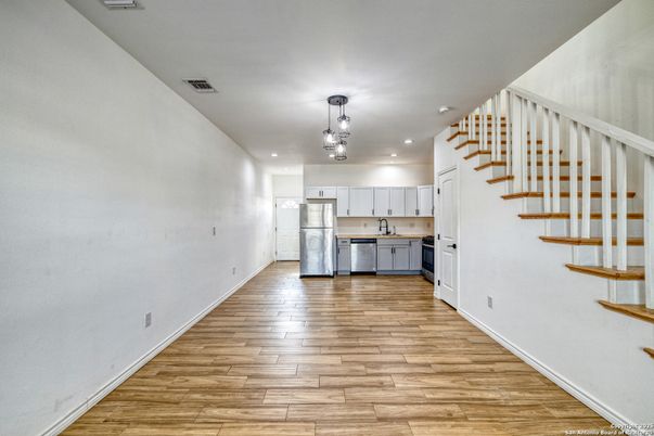 Interior, Kitchen, Pendant Lights, Recessed Lighting, Wood Texture Flooring