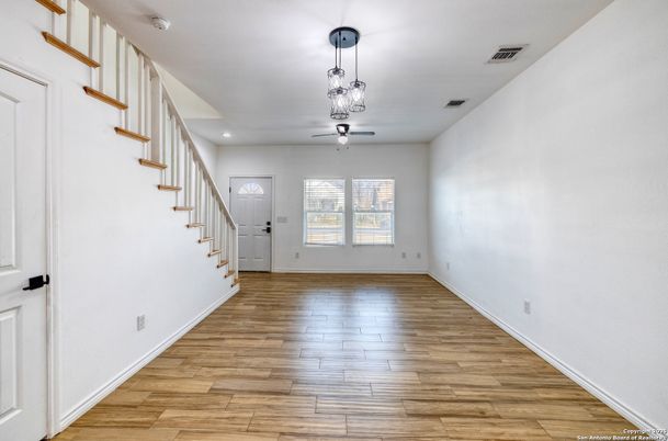 Empty room, Interior, Pendant Lights, Recessed Lighting, Wood Texture Flooring