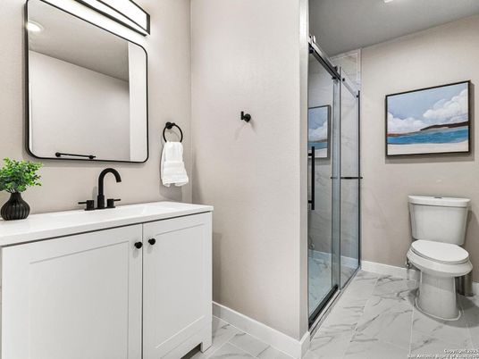 Bathroom, Glass Shower, Interior, Marble, Recessed Lighting