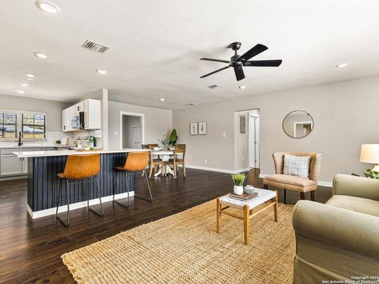 Dining room, Interior, Kitchen, Living room, Recessed Lighting, Wood Texture Flooring
