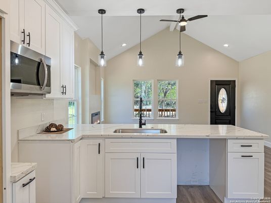 Interior, Kitchen, Pendant Lights, Recessed Lighting, Wood Texture Flooring