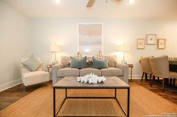 Dining room, Interior, Living room, Recessed Lighting, Wood Texture Flooring