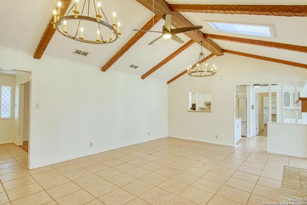 Chandelier, Empty room, Interior, Pendant Lights, Wooden Beams