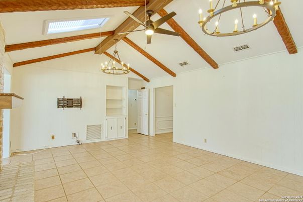 Chandelier, Empty room, Interior, Pendant Lights, Wooden Beams