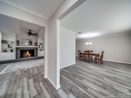 Chandelier, Dining room, Fireplace, Interior, Wood Texture Flooring
