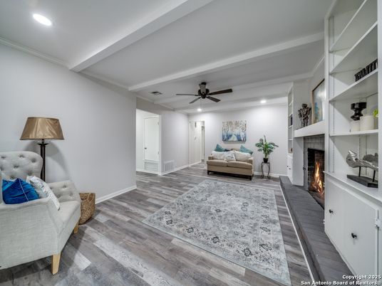 Fireplace, Interior, Living room, Recessed Lighting, Wood Texture Flooring