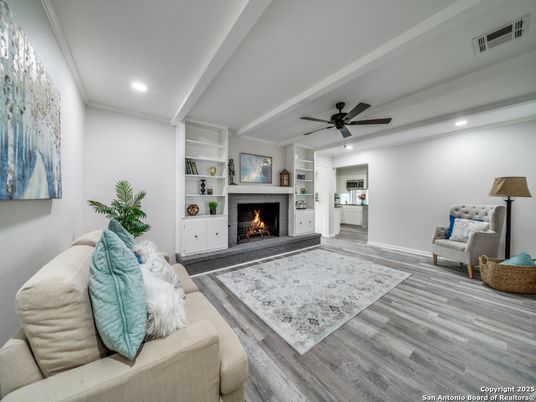 Fireplace, Interior, Living room, Recessed Lighting, Wood Texture Flooring