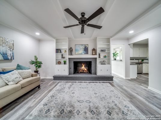 Fireplace, Interior, Living room, Recessed Lighting, Wood Texture Flooring
