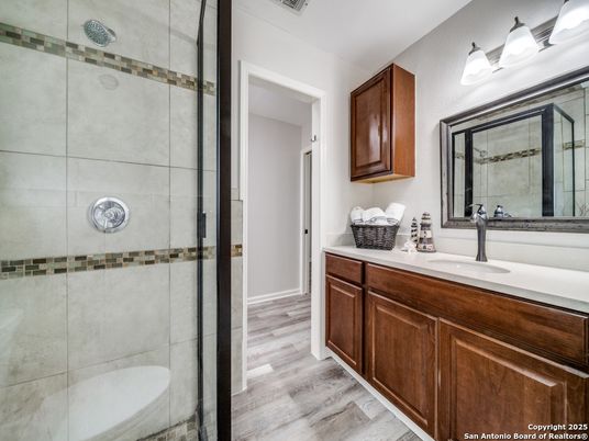 Bathroom, Glass Shower, Interior, Wood Texture Flooring