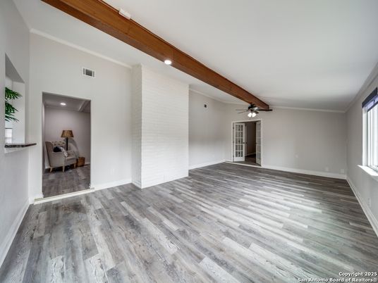 Empty room, Interior, Recessed Lighting, Wooden Beams, Wood Texture Flooring