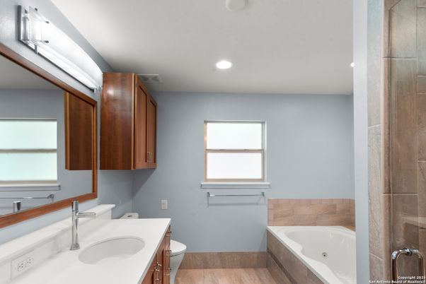 Bathroom, Interior, Recessed Lighting, Wood Texture Flooring