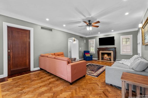 Fireplace, Interior, Living room, Recessed Lighting, Wood Texture Flooring