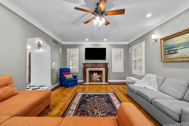 Fireplace, Interior, Living room, Recessed Lighting, Wood Texture Flooring