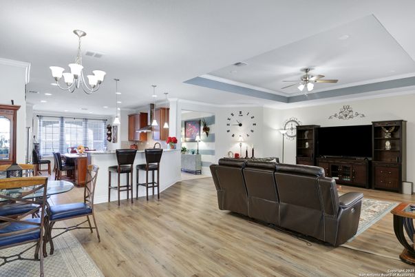 Chandelier, Interior, Kitchen, Living room, Pendant Lights, Recessed Lighting, Wood Texture Flooring