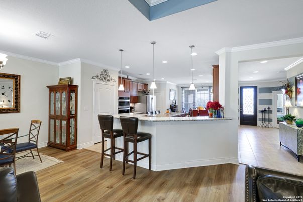 Interior, Kitchen, Pendant Lights, Recessed Lighting, Wood Texture Flooring