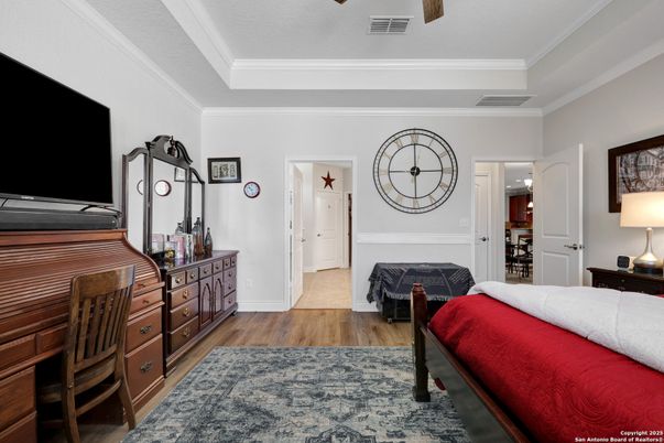 Bedroom, Fireplace, Interior, Wood Texture Flooring