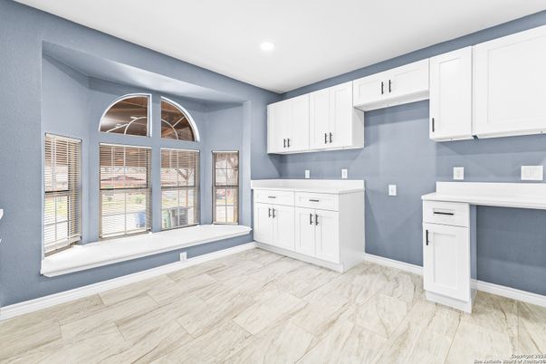 Interior, Kitchen, Marble, Recessed Lighting, Wood Texture Flooring