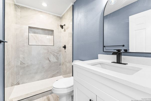 Bathroom, Glass Shower, Interior, Marble Walls, Recessed Lighting