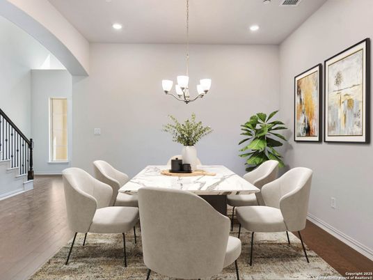 Chandelier, Dining room, Interior, Recessed Lighting, Wood Texture Flooring