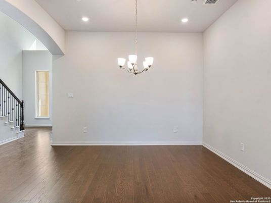 Chandelier, Empty room, Interior, Pendant Lights, Recessed Lighting, Wood Texture Flooring