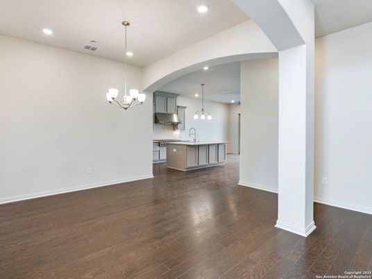 Chandelier, Interior, Kitchen, Pendant Lights, Recessed Lighting, Wood Texture Flooring