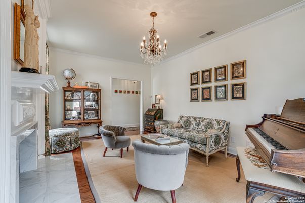 Chandelier, Fireplace, Interior, Living room, Marble, Piano