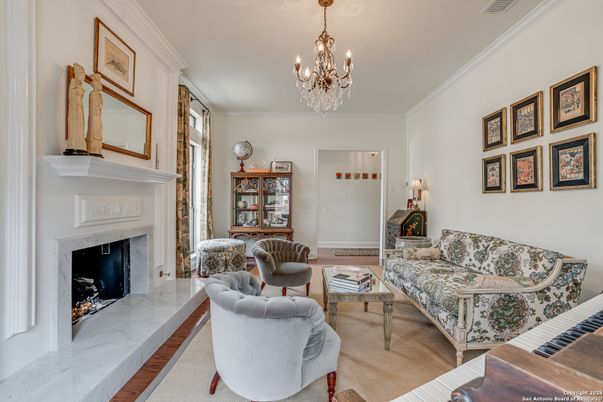Chandelier, Fireplace, Interior, Living room, Marble