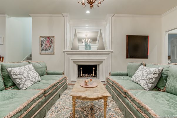 Chandelier, Fireplace, Interior, Living room, Recessed Lighting