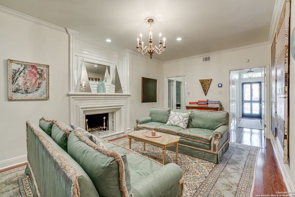 Chandelier, Fireplace, Interior, Living room, Recessed Lighting, Wood Texture Flooring