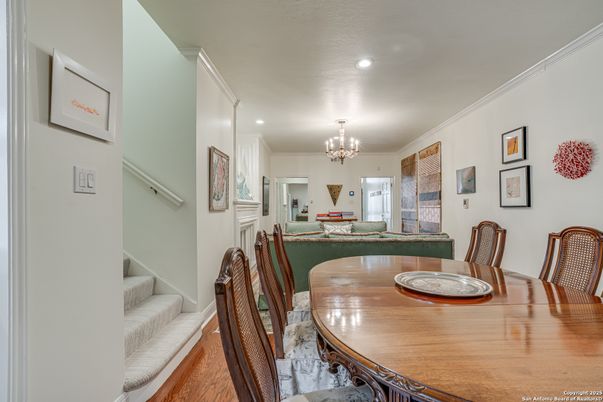 Chandelier, Dining room, Interior, Living room, Recessed Lighting, Wood Texture Flooring