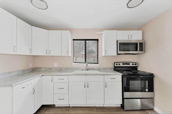 Interior, Kitchen, Stainless Steel Appliances, Wood Texture Flooring